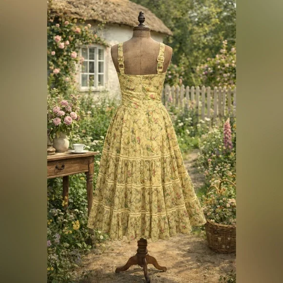 Kitten D’Amour Cottage Core, Fairy, Yellow Floral, Pink Lace Bow Dress - Picture 2 of 11